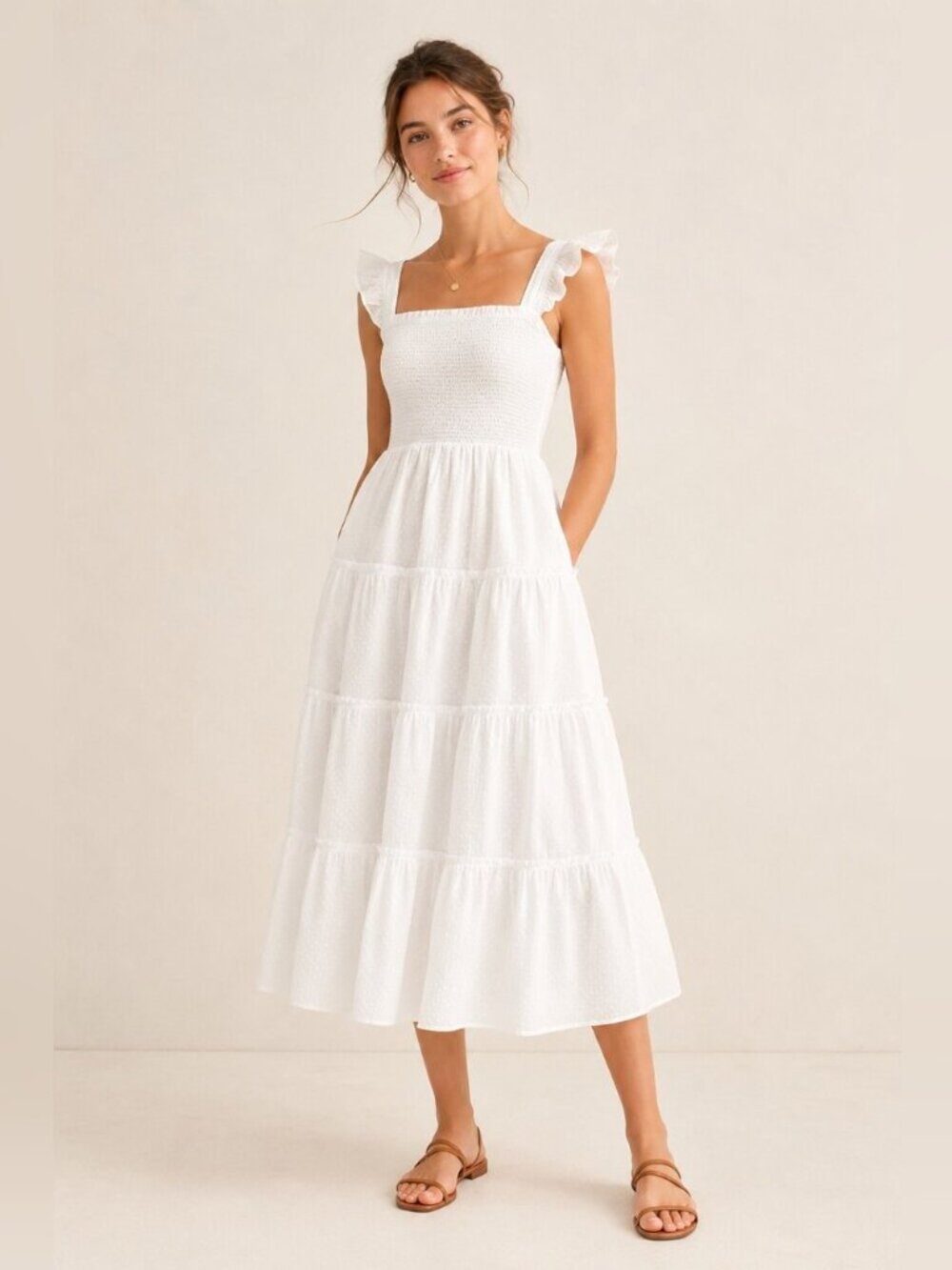 J.Crew White Midi Dress | Ruffle Straps | Size M